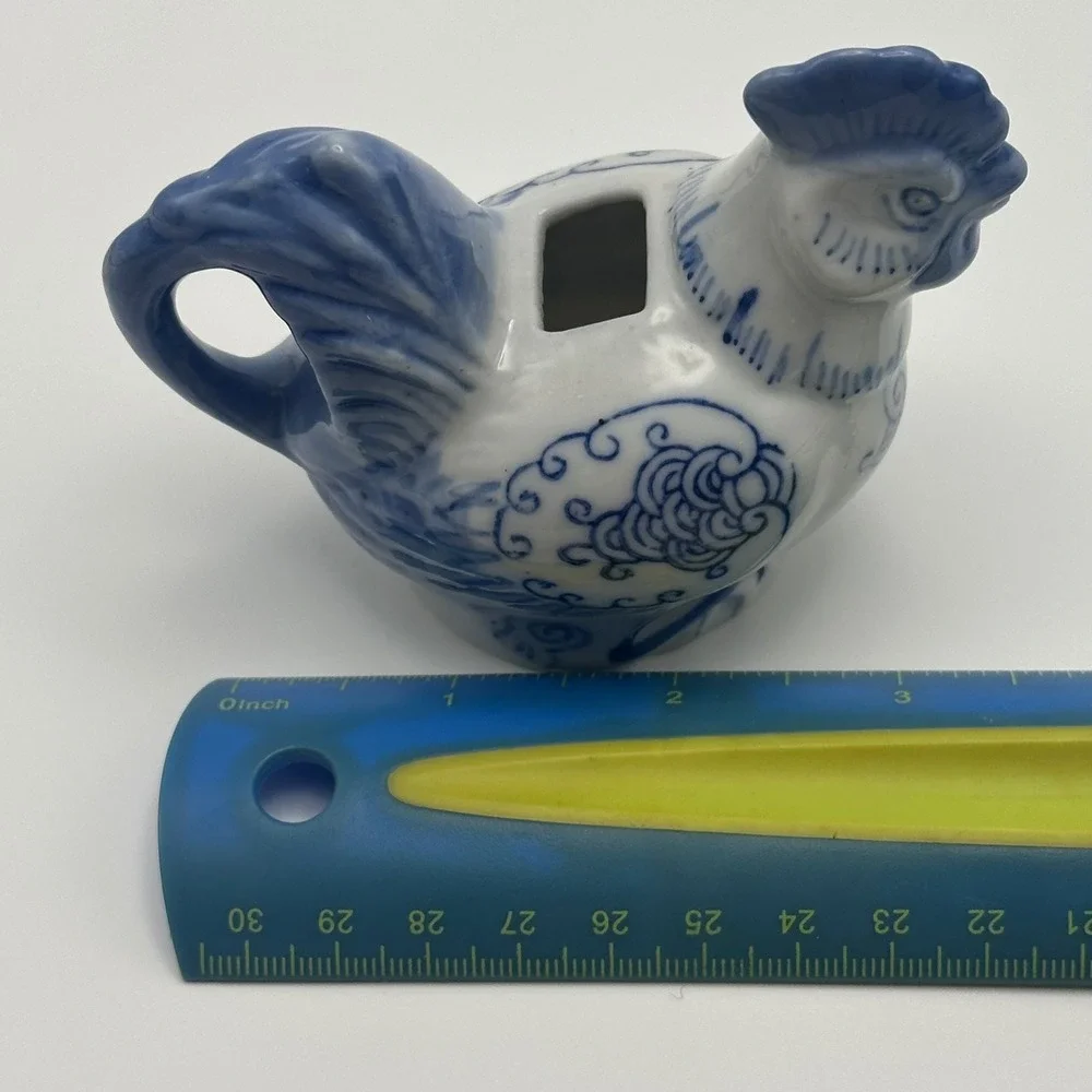 Vintage Blue and White Porcelain Rooster Miniature Creamer Toothpick Holder